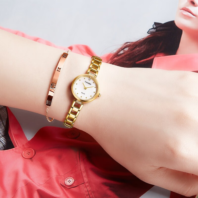 天霸（TIANBA）太阳能光能女表时尚贝母表盘手链表钢带小表盘女士防水手表TL9012 气质优雅金