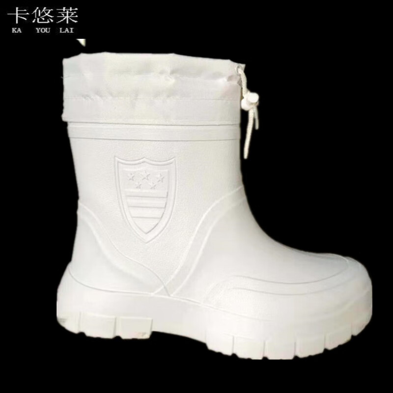 卡悠莱（KAYOULAI）食品厂水鞋耐磨白色雨鞋中筒厨房养殖场水靴劳保泡沫鞋 白色中筒加棉 40