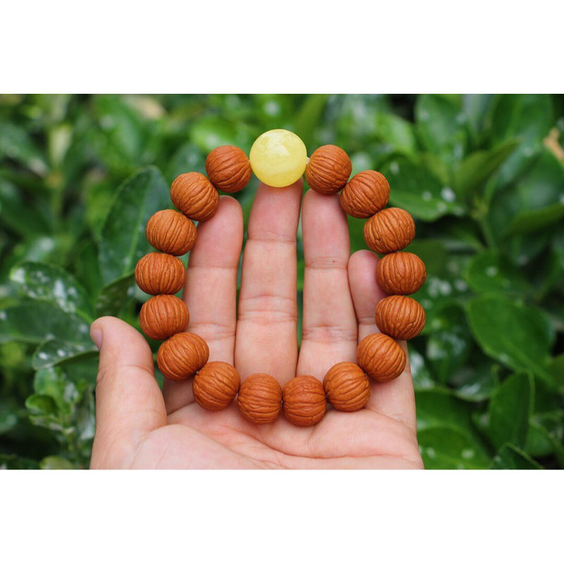 默奢 文玩天然土豪南瓜猴头手串 核桃桩桃核 凤羽手龙纹 姜黄色 15mm