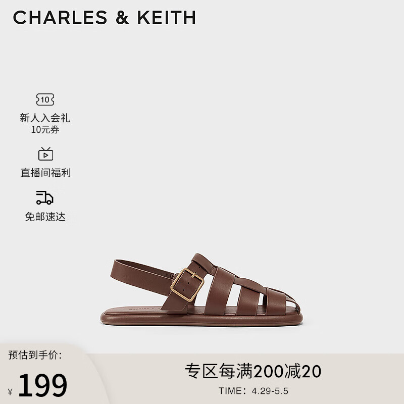 CHARLES&KEITH编织鞋面方头平跟拖鞋凉鞋女鞋子女CK1-71870005 Brown棕色 37