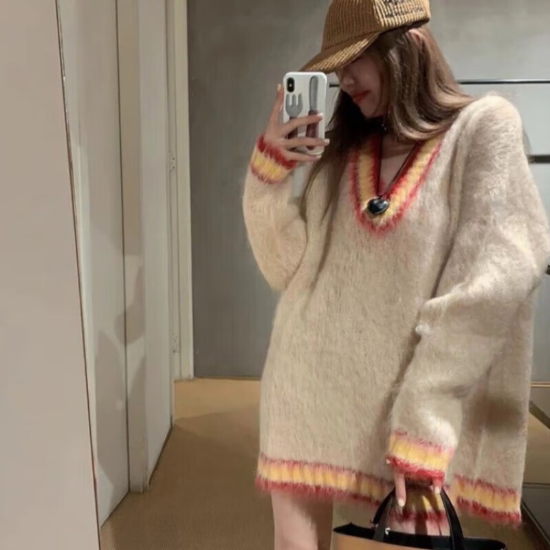 格瑞择(geruize)温柔风彩虹撞色拼接针织毛衣女秋冬新款韩系复古甜美