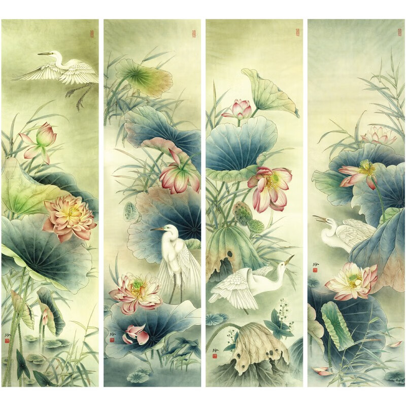桔舍郑玲玲工笔画白描底稿荷花白鹭四条屏原作大小33×125厘米花鸟