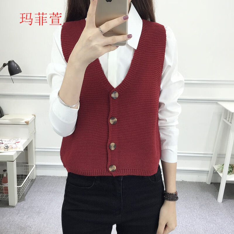 她风采 春秋新款针织女毛线马甲背心宽松无袖毛衣坎肩开衫v领短款小马