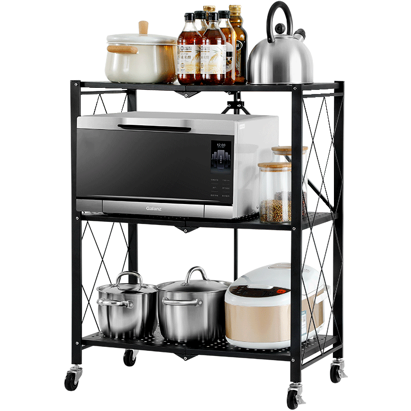 溢彩年华 免安装折叠厨房置物架落地客厅储物架收纳架可移动卧室杂物架家用锅架烤箱微波炉架子3层 6055BK
