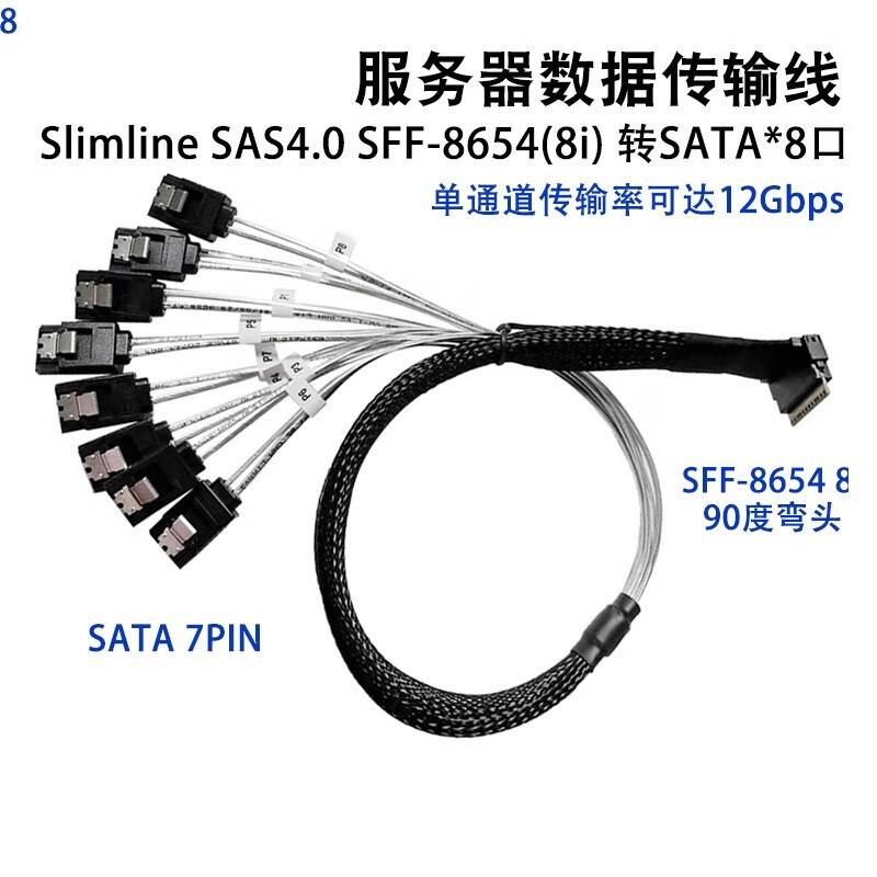 尘土 Slimline SAS4.0 SFF-8654(8i) to SATA*8口电脑服务器转接线 0.5米