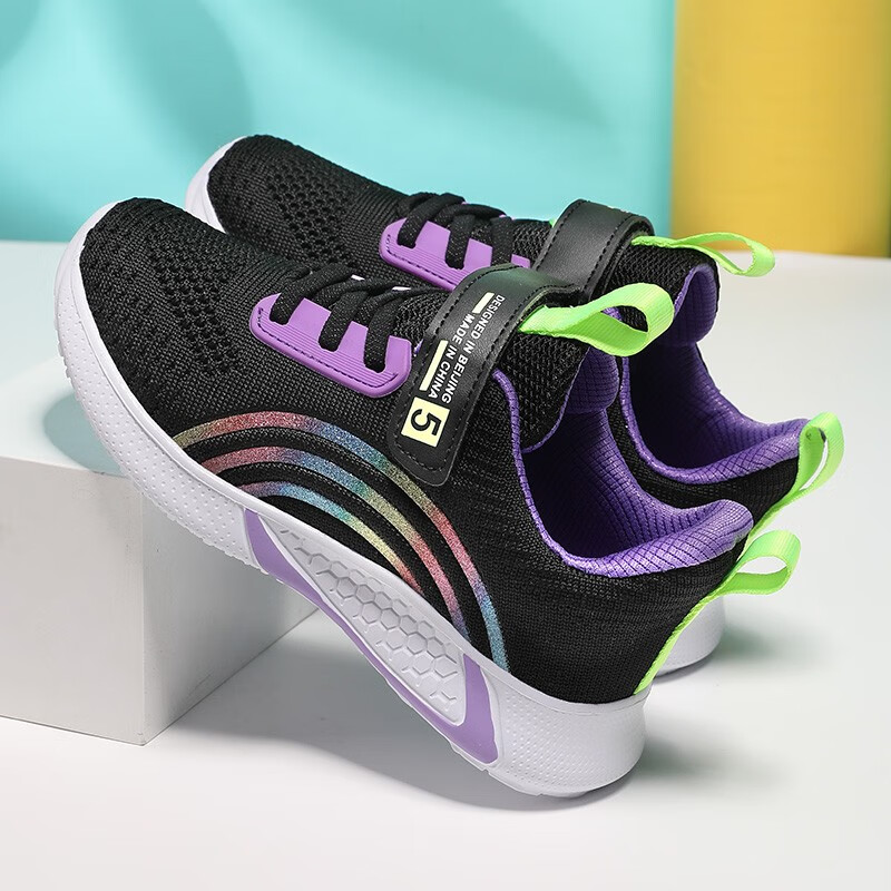 贝天熊儿童运动鞋女中大童跑鞋春秋季网面透气舒适透气女休闲鞋 BNM819黑紫【双网】 28 内长18.0/脚17.0