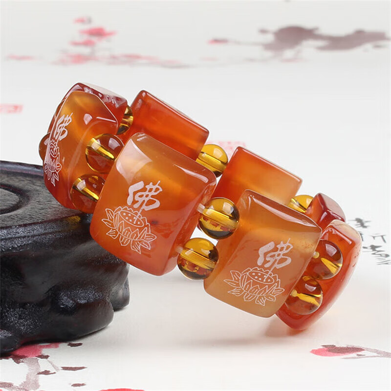 春龙红玛瑙手链男士手排玉石手串冰飘莲花福珠手牌 红色佛字