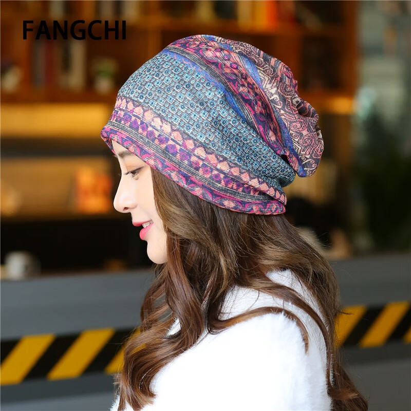 Fangchi 帽子女式夏季薄款套头帽透气光头帽护耳堆堆帽休闲防风月子帽韩版潮 MXM-311小方格紫 均码