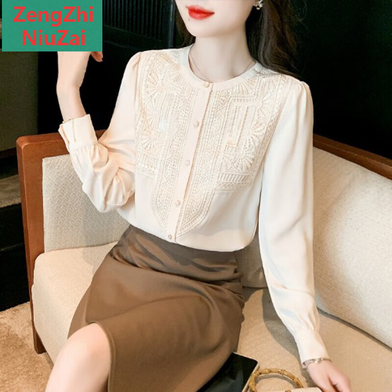 ZENGZHI NIUZAI早春法式感雪纺衬衫女士初春季2025新款女装长袖上衣春日衬衫 杏色 S