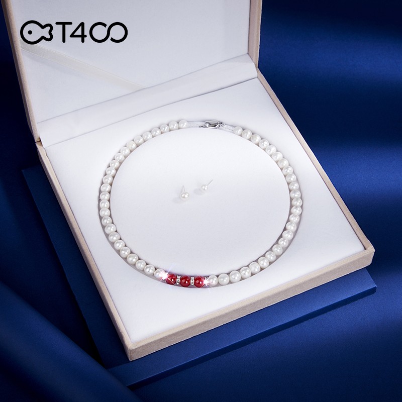 T400珍珠套装女士优雅气质红玛瑙项链耳钉两件套三八女神节礼物 红玛瑙珍珠两件套