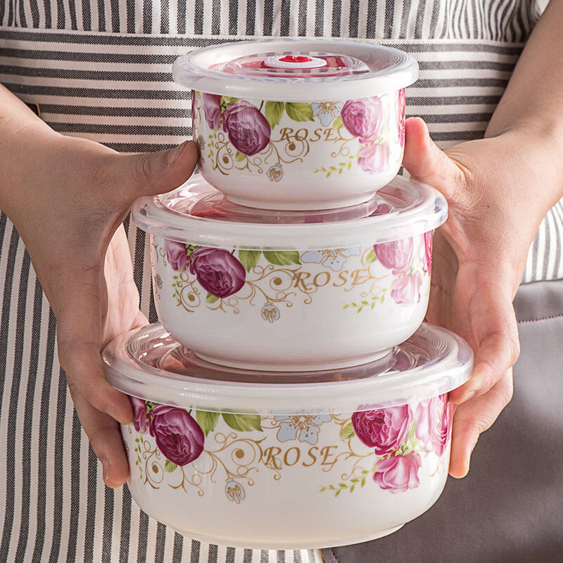 陶瓷保鲜碗硬件套带盖微波炉饭盒冰箱收纳盒保鲜盒大号密封碗套装 淡