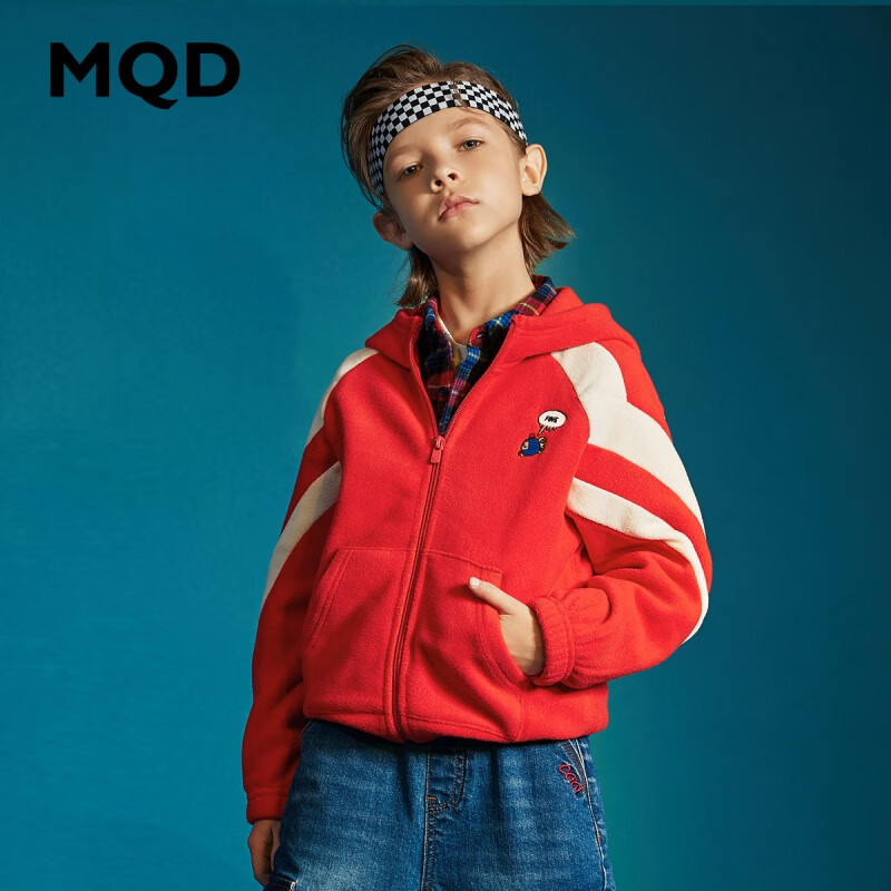 MQD童装男童卫衣中大童针织开衫儿童韩版摇粒绒外套 中国红 130cm