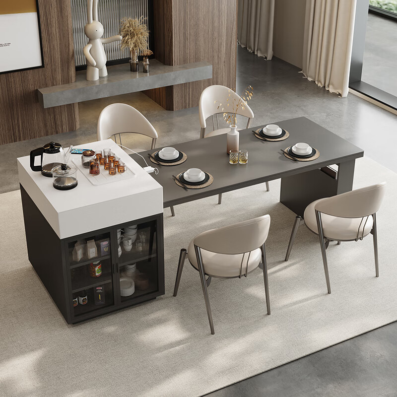 微艺术2023新款意式极简高端高级厨房餐厅中倒导岛台一体可伸缩餐桌