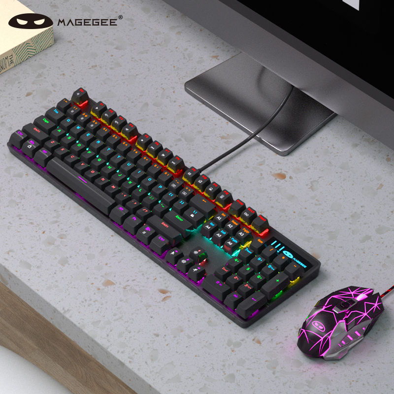 MageGee机械风暴套装真机械键盘鼠标套装背光游戏台式电脑笔记本键鼠套装黑色混光青轴