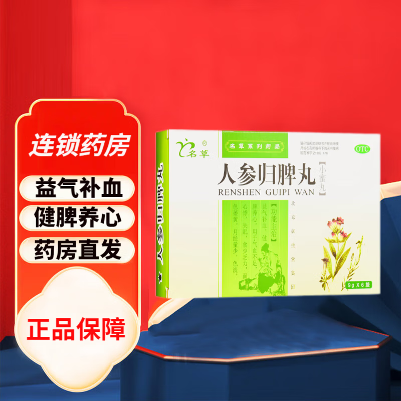 名草 人参归脾丸 9g*6丸(小蜜丸) 益气补血 健脾养心 气血不足 失眠