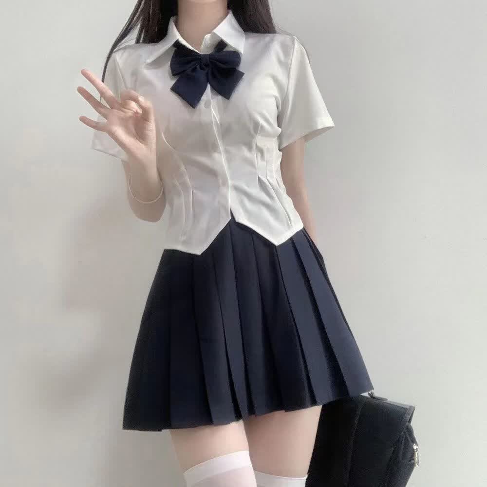 罗蒙（ROMON）JK制服全套短款收腰衬衫纯欲风显瘦小个子学院风上衣百褶套装 收腰白衬衫+藏青短(黑领结) XL属于什么档次？