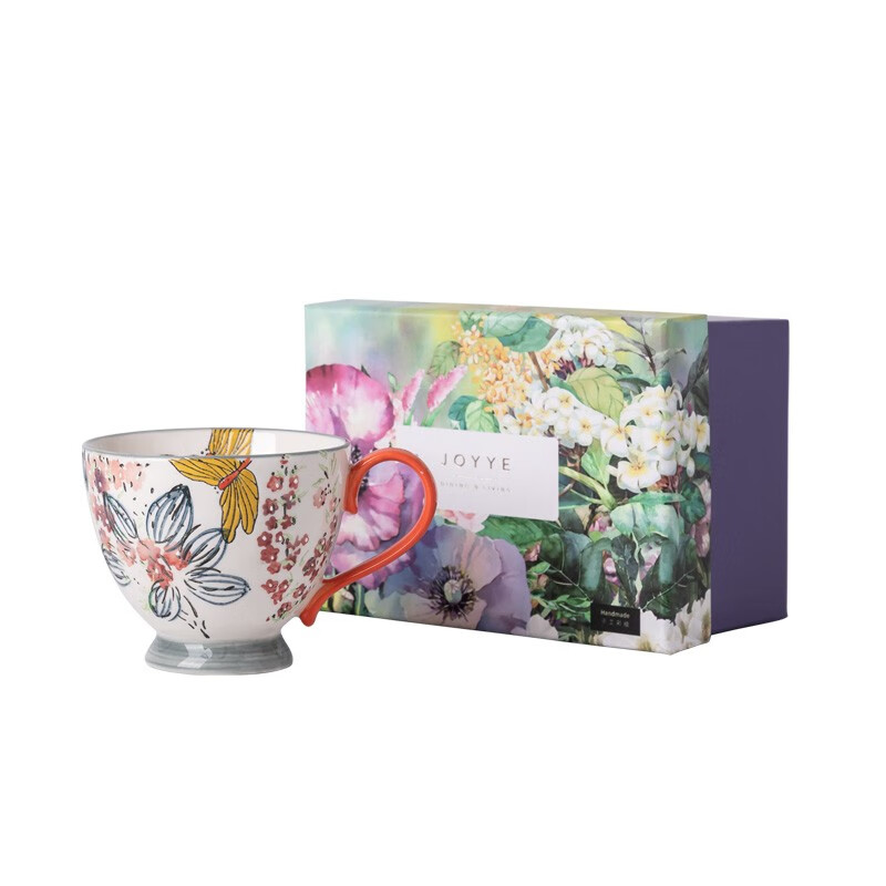 手绘马克杯带勺大容量水杯送妈妈送女友高档实用 花韵麦片杯-黄蜻蜓