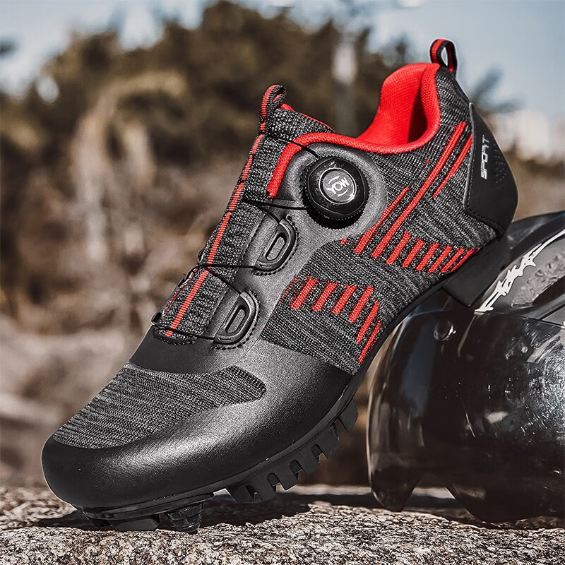 骑行鞋经营部-城市户外男女骑行公路自行车鞋透气山地锁鞋 黑红 37