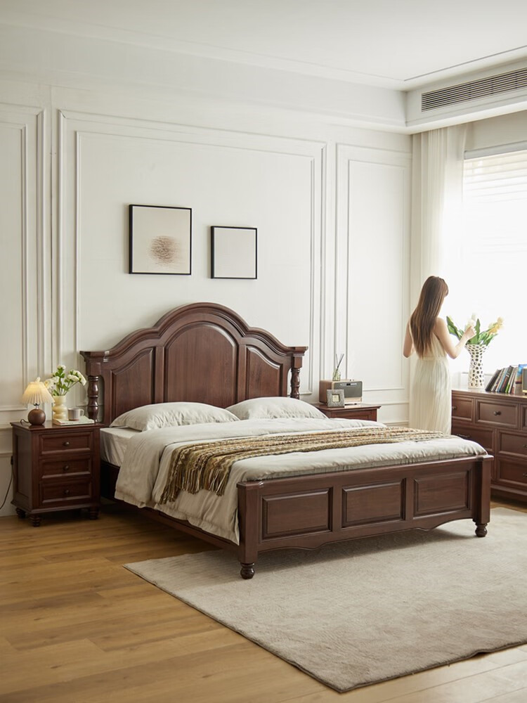 意艾诺威 全实木美式床高箱 储物小美田园风格轻奢主卧核桃木家具公主