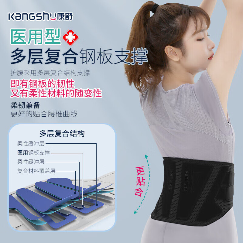 康舒钢板支撑护腰带腰间盘神器腰肌劳损腰托盘透气男女老年人矫正器 钢板支撑深灰 XXL