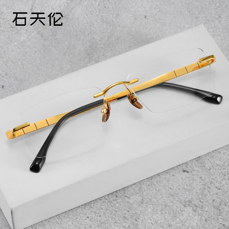 石天伦无框眼镜近视男士可配度数防蓝光加散光大脸无边框金丝纯钛眼镜