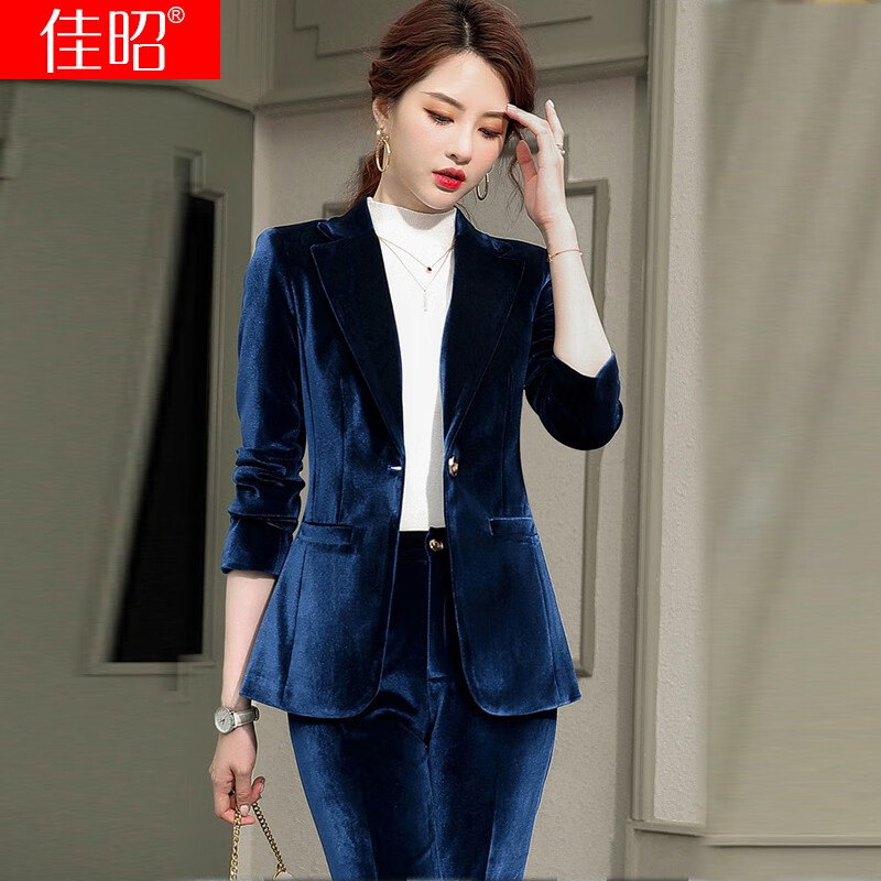 佳昭 金丝绒西装套装女韩版冬新款欧洲站气质时尚西服外套两件套高端