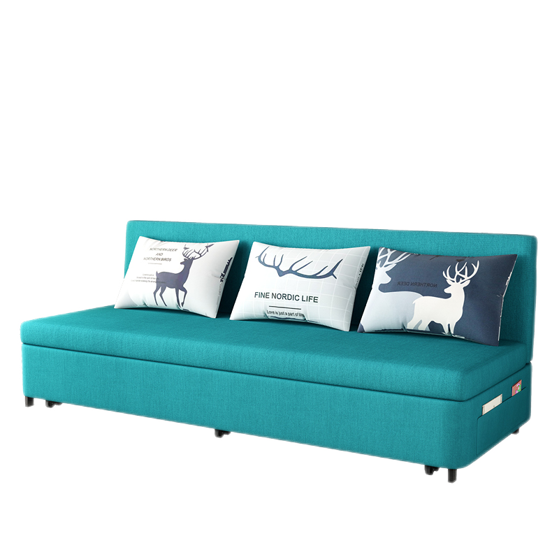 梦忆笙 沙发床两用可折叠推抽拉坐卧单双人带储物多功能麻布小户型 深蓝色(7cm海绵歀无储物) 升级加厚120cm宽