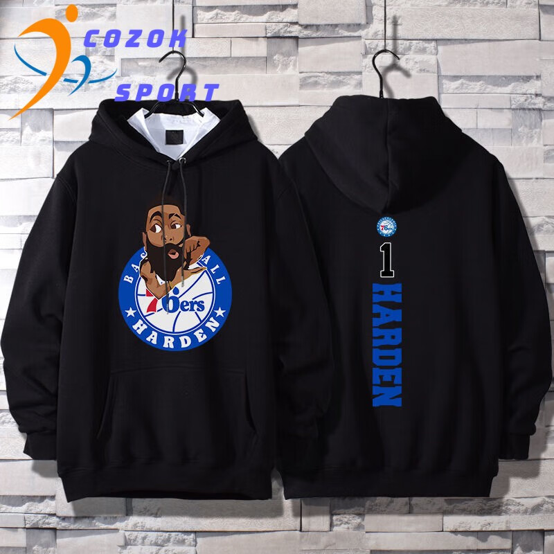 COZOK高端运动品牌冬季加厚韩版潮流字母宽松春秋连帽卫衣男篮球衣运动费城76人哈登 黑色-哈登字母1号【春秋款】 S
