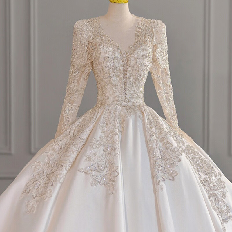 婚纱新娘2022新款高级质感2023重工长袖修身主婚纱拖尾显瘦 齐地款式