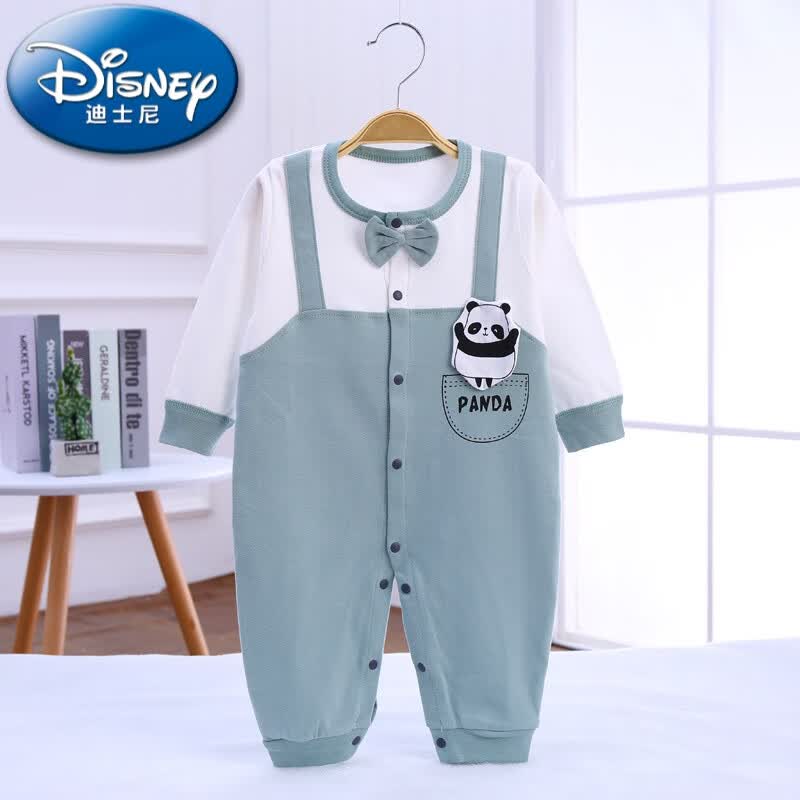 迪士尼（Disney）婴儿连体衣春秋季长袖纯棉新生儿衣服秋装初生宝宝秋衣哈衣爬服男 绅士熊猫长袖绿色 59cm