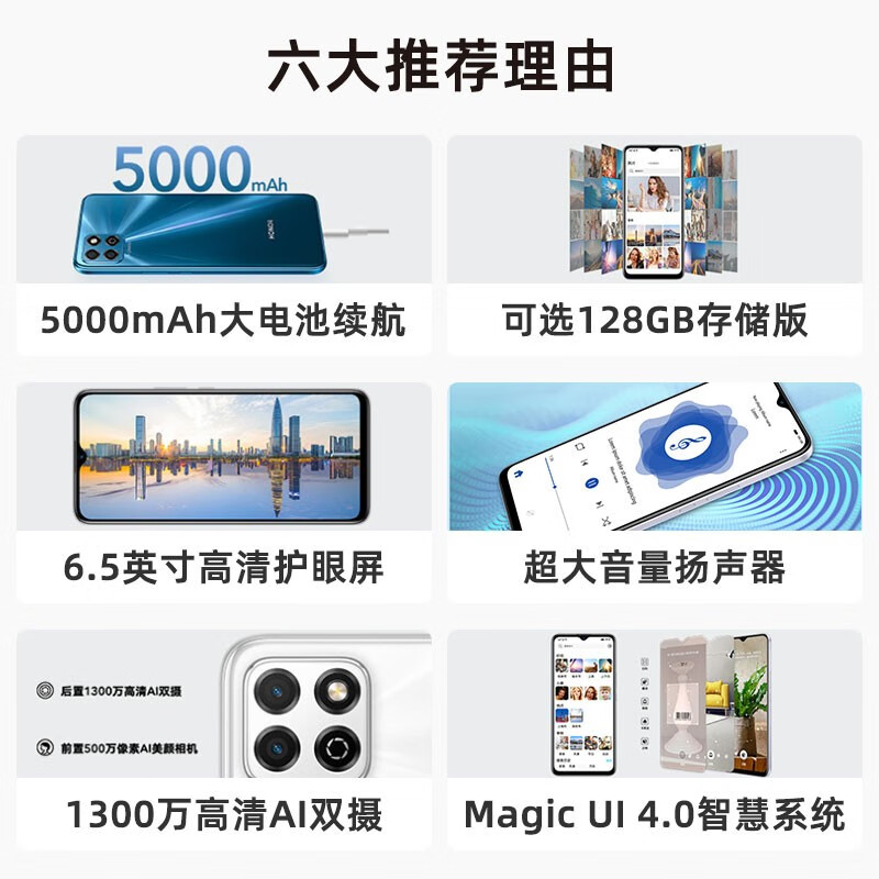 荣耀畅玩20手机 手机荣耀 老人机 学生智能机 老年智能手机 5000mAh超大电池续航 幻夜黑 4+128GB