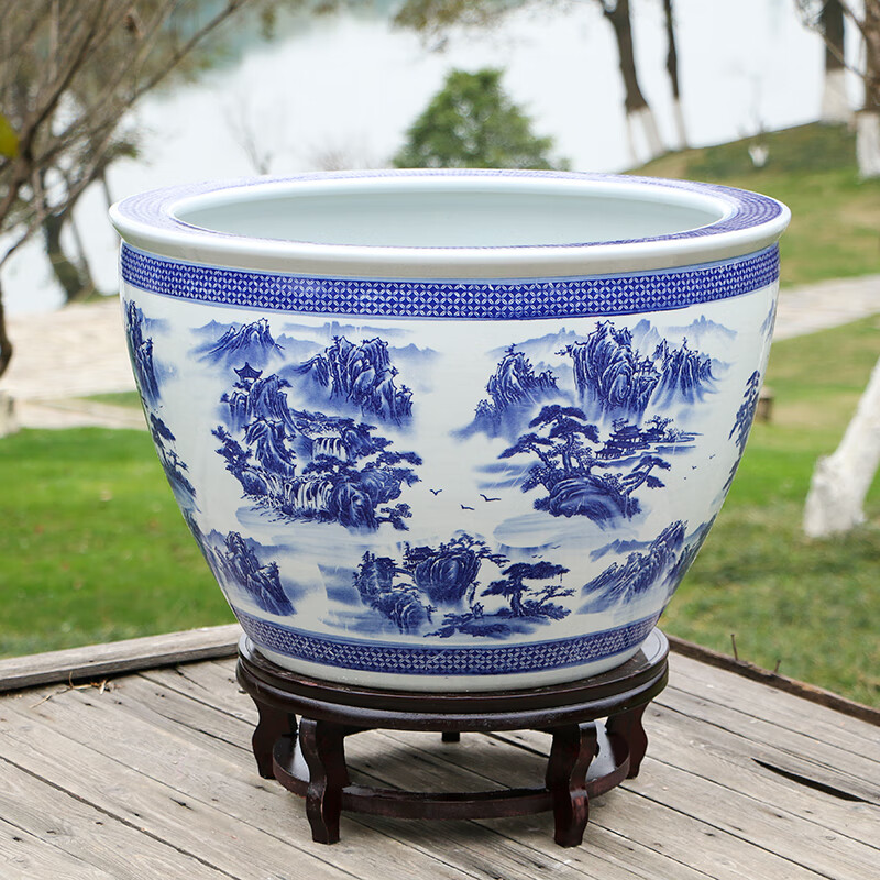 抖音新款青花瓷缸陶瓷鱼缸特大号水缸瓷缸陶瓷大荷花缸碗 山水大号63