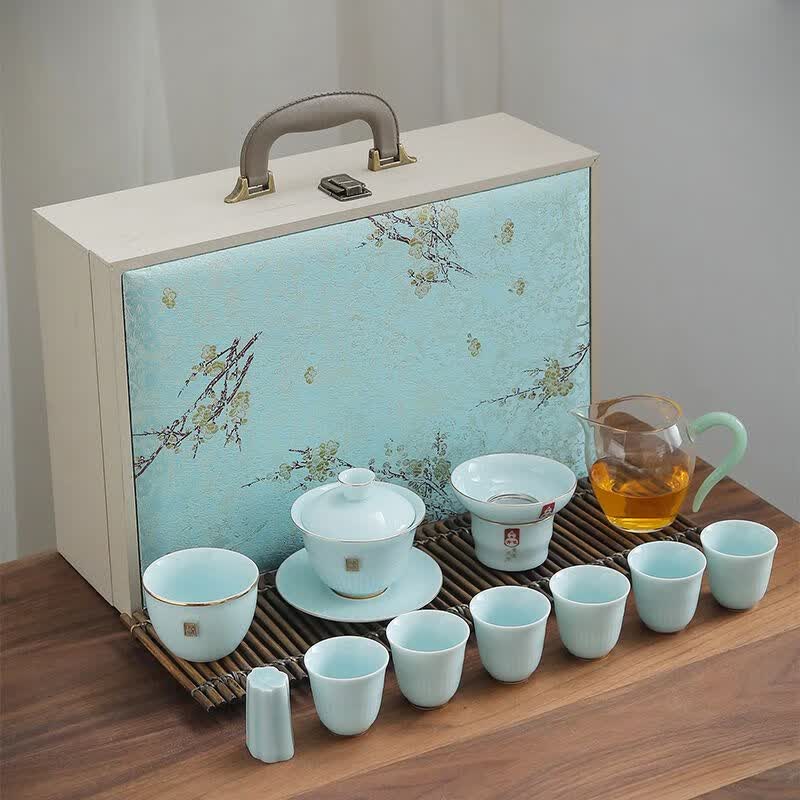茶具套装套盒家用办公室全套整套礼盒批发定制 影青茶具套装带主人杯