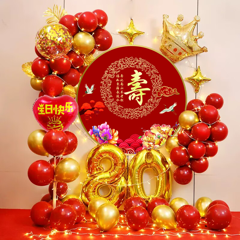 世繡（SHI XIU）老人生日裝飾壽宴場景布置80歲爸爸媽媽壽星氣球大壽六十歲背景墻 80壽宴海報套餐B帶燈