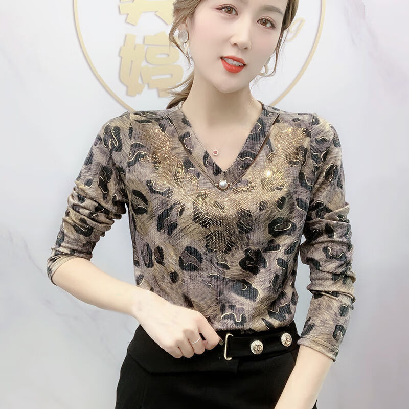 衫2022加绒印花烫钻长袖t恤女秋冬新款洋气打底衫显 520礼物送女朋友