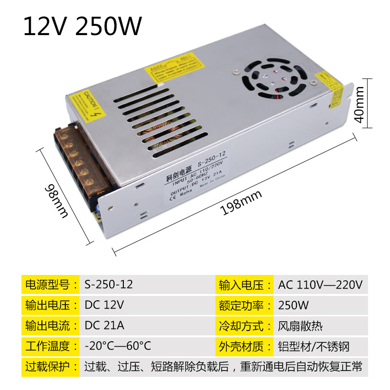 仁聚益220v转12v20a电源24v10a监控集中供电d12v250w稳压变压器 12v