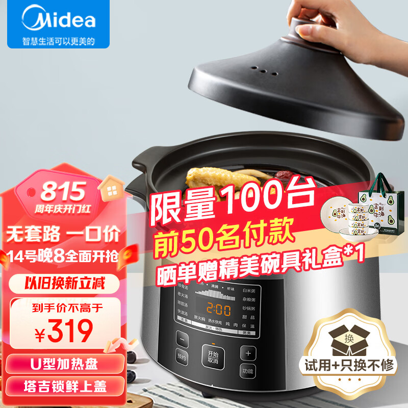 美的（Midea）电炖锅 电炖盅 煲汤锅炖汤锅 煮粥锅 精控快速火山陶釜电炖锅 4L容量 DGC4018