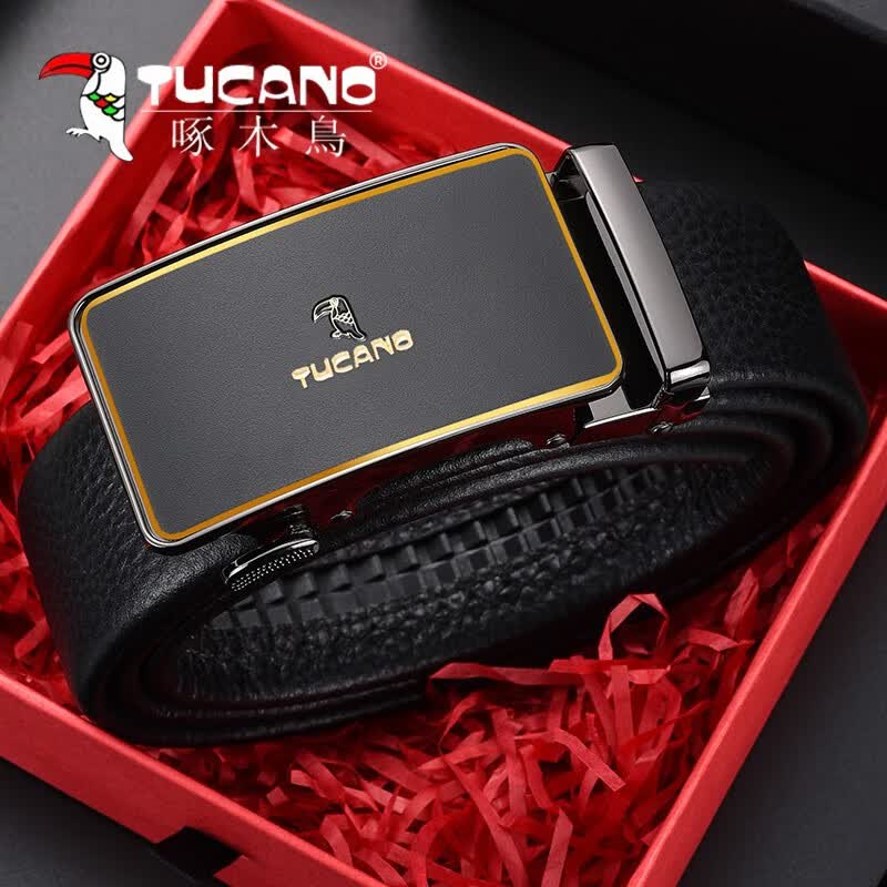 啄木鸟（TUCANO）皮带男士头层纯牛皮自动扣腰带纯牛皮裤带生日礼物送父亲送老公 金色 高档礼盒