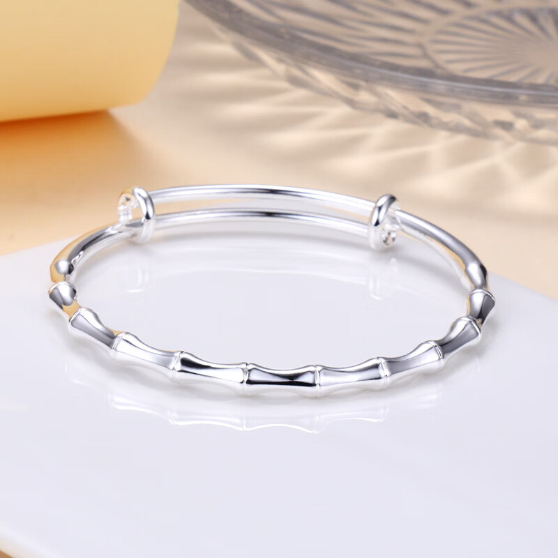 初逅 竹节手镯简约时尚镀银推拉节节高升银镯子骨头女手环 推拉竹节间