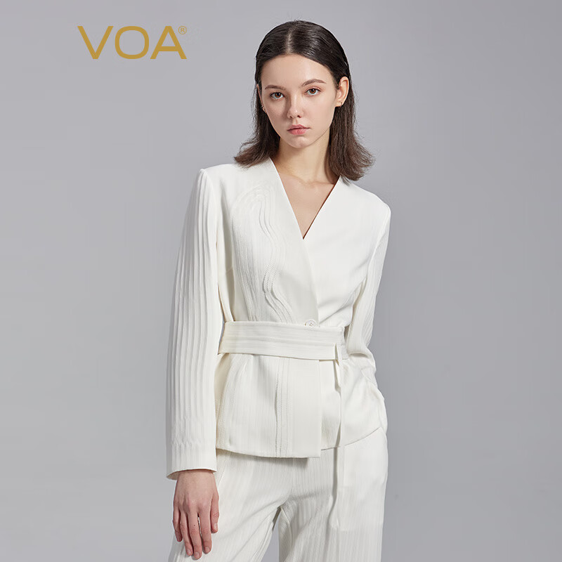 VOA真丝41姆米无界条纹白不对称活页对丝腰封设计西装外套 WE299 条纹白玉（W02） 155/S