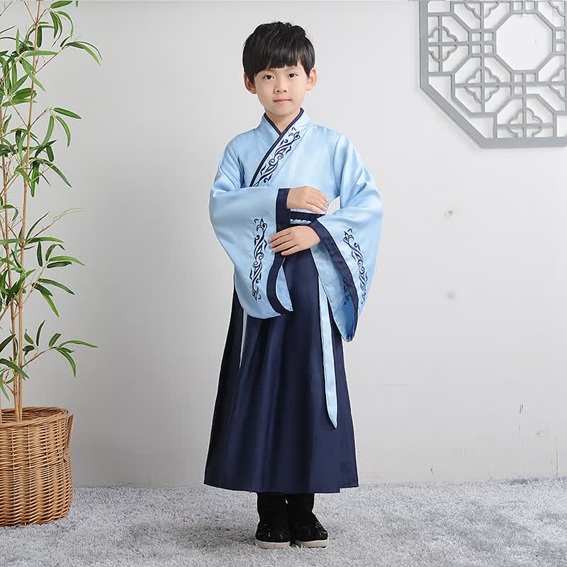丹图森汉服男童小学生国学服书童服装女童中国风古装民族儿童朗诵演出服 蓝色广袖男款 110cm属于什么档次？