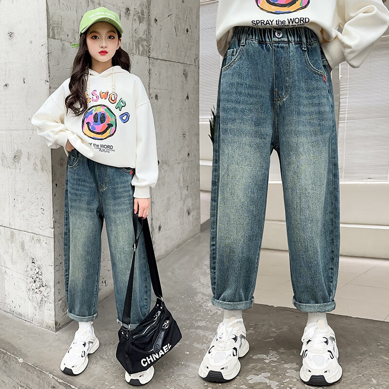 创京懿选女童春秋季牛仔裤中大童9-12岁韩版女孩贴袋c字母宽松裤 蓝色