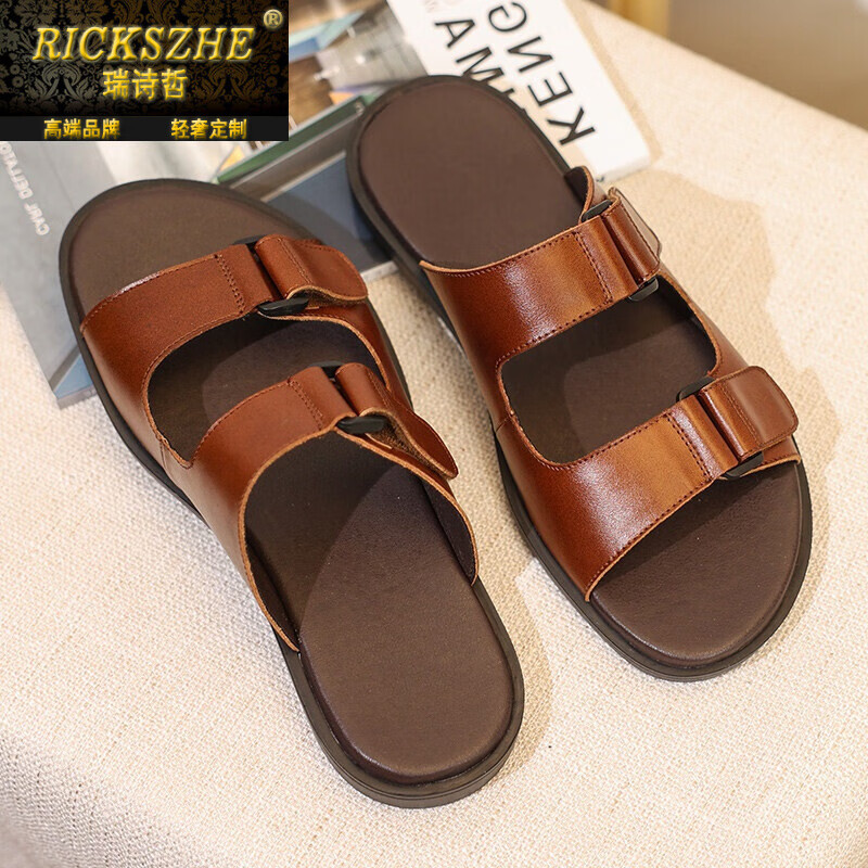 瑞诗哲(rickszhe)品牌轻奢男鞋拖鞋夏季男款外穿潮牌凉拖真皮一字拖鞋