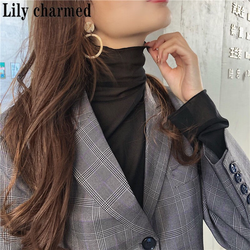 Lilychamed2021春季新款ins复古高领肤内搭网纱上衣仙女长袖蕾丝打底衫女 黑色 2XL 116-135斤