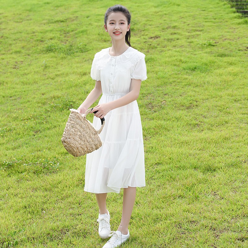 韩版10洋气儿童薄款裙子青少年女中大童13岁夏装白色长裙8岁女孩衣服