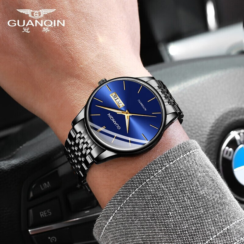 冠琴（GUANQIN）十大品牌手表男士进口机芯全自动机械表双日历夜光防水男表 全黑蓝面【进口机芯】16217