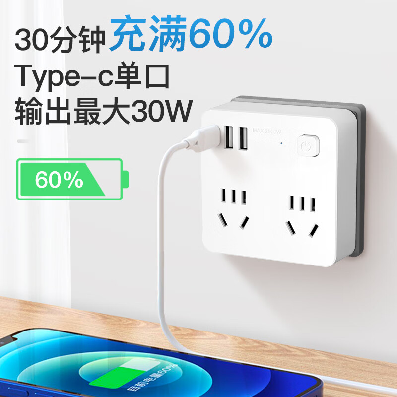 曼科30W一转多功能扩展插/超薄魔方插座/多孔转换器墙壁电源插头面板扩展/无线插排多插位接线板 总控86型一转四/2A+C(30W)