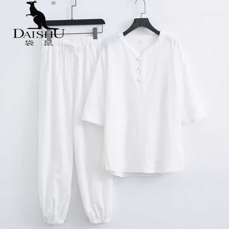 袋鼠（DAISHU）海青居士服女套装打坐棉麻道服佛系禅修服大码禅意中国风男装盘扣 白色 M属于什么档次？