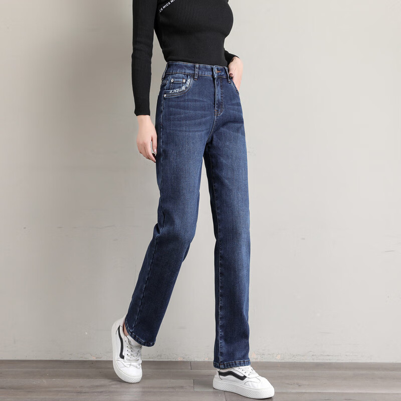 洛之潮冬天裤子女加绒大学生牛仔裤女高腰长裤宽松秋冬季学生弹力显