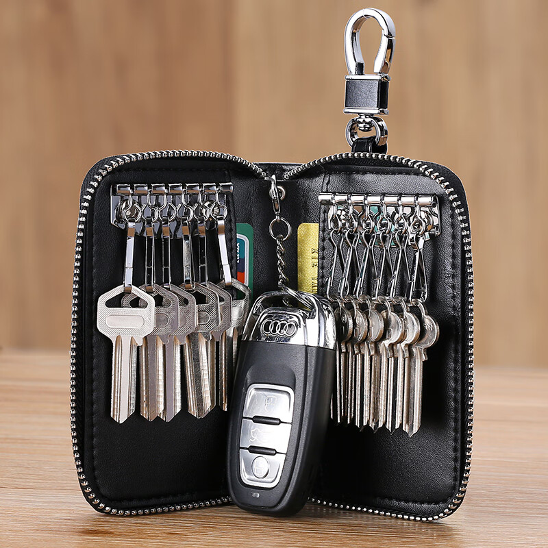 MENBOSON 2021新款拉链大容量钥匙包男真皮多功能实用汽车锁匙包牛皮钥匙袋 黑色